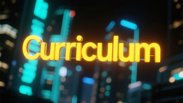 Dynamic curriculum design concept with vibrant yellow 3D text against a modern city skyline background for education and training solutions