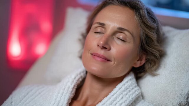 110Serene composition of a woman receiving light therapy, her relaxed expression illuminated by crimson radiance, minimalist spa setting emphasizing calm and elegance