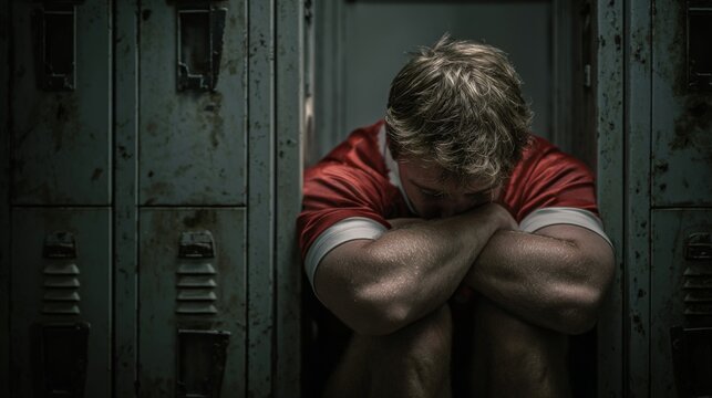Intense Rugby Player Slumped in Locker, Gripping Jersey Tightly After Tough Match, Reflecting on Performance and Team Spirit