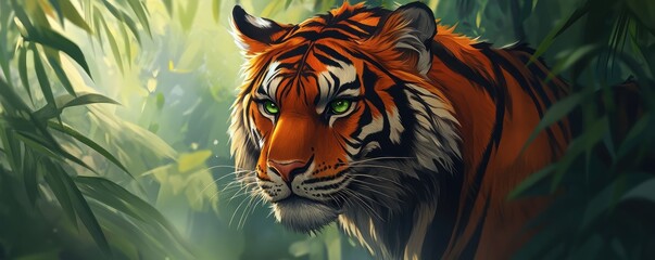 Majestic tiger illustration in a lush jungle environment