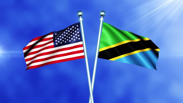 USA and Tanzania Flag Waving On Pole Loop