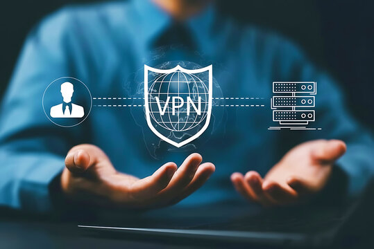 VPN server network security internet privacy encryption concept. Encrypted connection VPN (virtual private network). Man using smartphone with app web proxy over the Internet protocol. 3D,4K