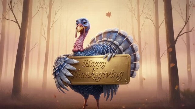 Elegant silver and sapphire feather cartoon turkey presenting a golden engraved &ldquo;happy thanksgiving&rdquo; banner in a dreamy warm forest with fog and falling leaves