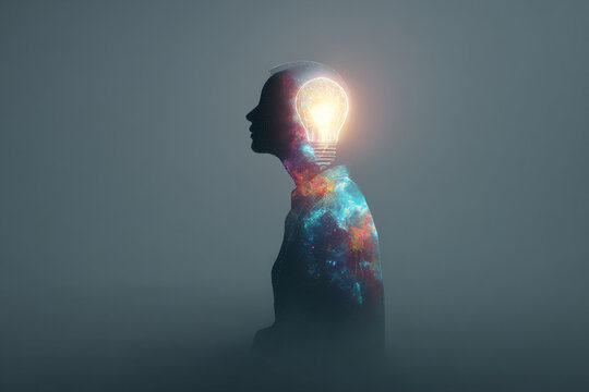 A human silhouette filled with a colorful cosmic nebula and a glowing light bulb symbolizing brilliant ideas and expansive thought