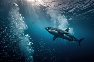 Fototapeta premium A dramatic shot of a shark swimming through a cloud of bubbles in dark blue water.