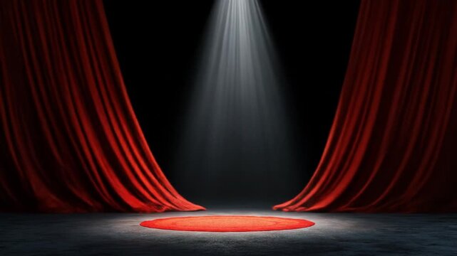 Red velvet curtains part to reveal a dark center, spotlight shining on a circular rug. under a beam