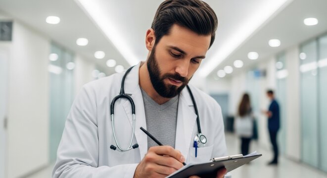 Focused male physician with a beard wearing a white lab coat and stethoscope diligently writes medical notes on a clipboard while standing in a bright hospital corridor