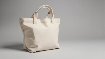 Simple, off-white canvas tote bag with looped handles sits against a smooth, gray background