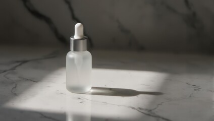 Minimalist dropper bottle on marble surface, casting shadow with soft lighting