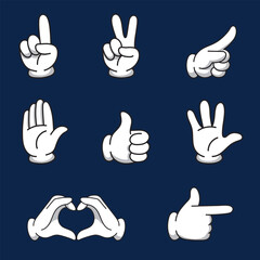 Fototapeta premium A set of cartoon white gloves. Retro icons of cute cursors in different poses. Vector isolated set of gesture illustrations.