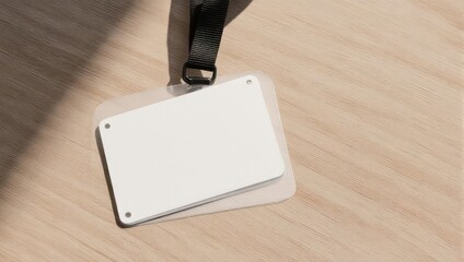 Top-down shot of a blank ID badge on a wooden surface with a lanyard attached