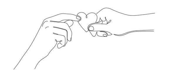 Hands holding a heart in one line style. Vector illustration.Editable line.
