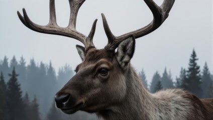 Close-up of a caribou with large antlers, set against a misty forest background