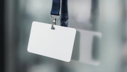 Blank ID badge hanging on a blue lanyard, against a blurry reflective surface