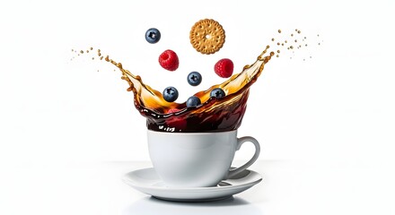 Dynamic Coffee Splash with Fresh Berries and Biscuit