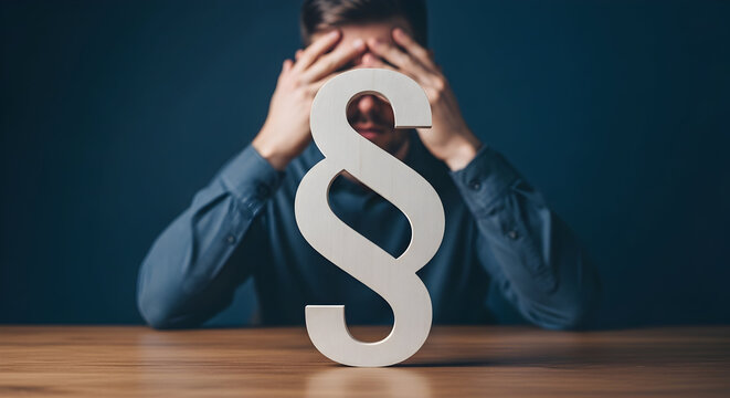 Frustrated man with hands on his head sits behind a paragraph symbol on a wooden desk symbolizing legal issues stress and the need for legal advice in a challenging situation