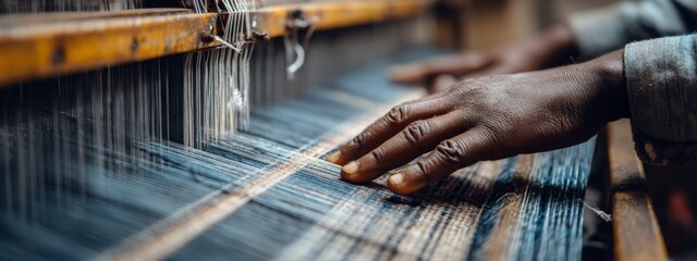 Bangladeshi Textile Worker Adjusting Yarn Tension in Handloom Weaving Process for Traditional Fabric Production
