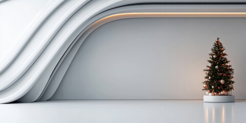 Sculptural dark Christmas tree standing alone in a sleek, expansive luxury interior, featuring elegant curved futuristic architecture with glowing light accents, creating a modern holiday atmosphere