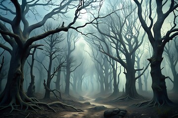 Eerie foggy forest path lined with bare twisted trees