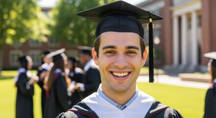 Portrait of a proud and successful male student wearing a traditional mortarboard and academic regalia during his college commencement ceremony on a sunny day
