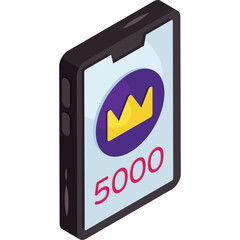 Isometric Smartphone Displaying 5000 Score With Crown Icon Achievement and Success Symbolization Modern Technology And Digital Gaming Vibrant Colors On Transparent Background
