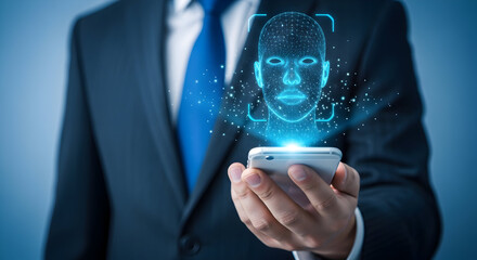 Businessman uses facial recognition technology on his smartphone for secure access and identification showcasing biometric authentication and advanced security features in a modern setting