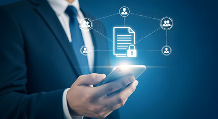 Businessman uses a smartphone to access secure documents and connect with team members emphasizing data privacy and collaboration in a modern digital workplace with a blue background and network icons