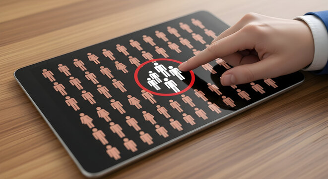 Hand selects a targeted group of people icons on a digital tablet screen representing market segmentation customer analysis and focused marketing strategies for business growth and success