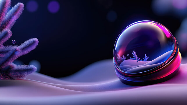 Glowing snow globe with abstract frozen foliage and soft purple snow mounds, reflecting ambient light for a minimalist, futuristic holiday display of magic and elegance