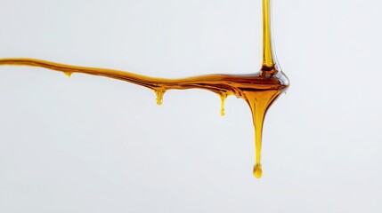 ultra detailed macro capture of a thin stream of engine oil falling, realistic viscosity, clean white background, high speed photography aesthetic