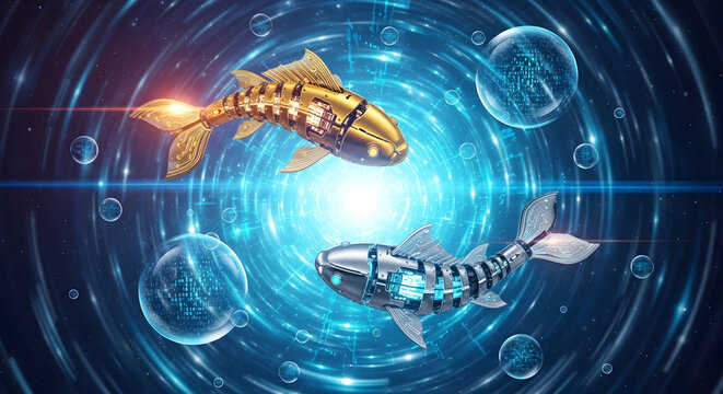 Futuristic Submersible and Drones in a Neon Portal - High-Tech Ocean/Space Scene

