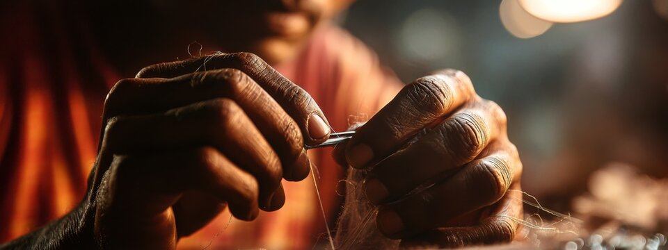 Bangladeshi worker holding a sewing needle, focused on intricate handcraft, showcasing dedication and artistry in textile work
