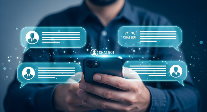 Man interacts with a chatbot on his smartphone showcasing digital communication and artificial intelligence in a modern tech setting for customer service and virtual assistance applications