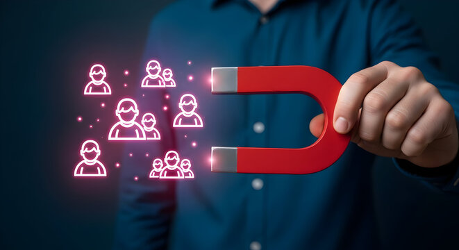 Hand holding a red horseshoe magnet attracting customer icons representing lead generation marketing strategy and customer acquisition in business and sales growth and talent acquisition
