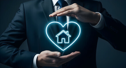 Businessman protects a neon heart containing a house symbolizing home insurance and real estate investment offering security and care with a modern and trustworthy approach for homeowners