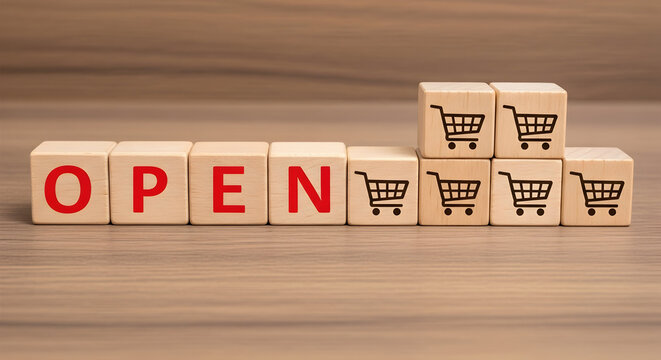 Wooden blocks spelling "open" with shopping cart icons symbolizing retail readiness and business opportunities for ecommerce and physical stores conveying a message of accessibility