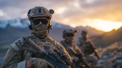 150Vigilant soldiers in advanced tactical gear stand at attention under dramatic evening light, helmets equipped with night vision goggles, precision rifles slung over shoulders, exud - Powered by Adobe