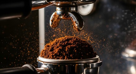 Rich Fresh Ground Coffee in Portafilter for Espresso