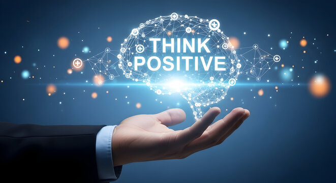 Hand holding a glowing brain illustration with the words "Think Positive" against a blue background symbolizing optimism mental health and positive thinking for motivation and inspiration