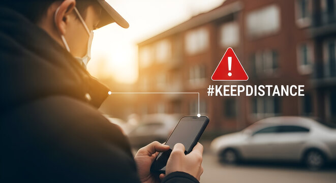 Man wearing a face mask uses a smartphone in an urban setting with a keep distance message highlighting social distancing during the pandemic and the importance of personal safety and public health aw