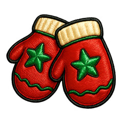 Embroidered Christmas Mittens Clipart &ndash; Red Winter Gloves, Festive Holiday Embroidery Design, High-Resolution PNG
