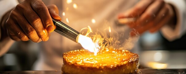 Caramelizing dessert with blowtorch.
