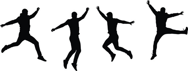 Jumping silhouette illustration, black figure art, dynamic leap sequence, expressive motion, athletic gesture, airborne pose, movement study, physical energy concept