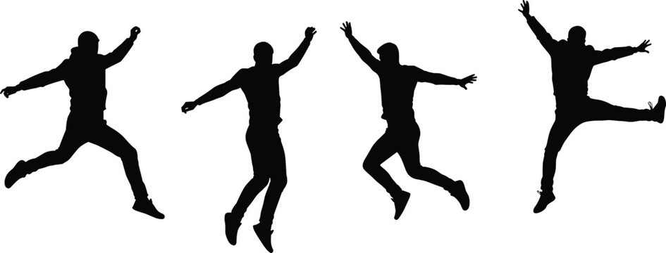 Jumping silhouette illustration, black figure art, dynamic leap sequence, expressive motion, athletic gesture, airborne pose, movement study, physical energy concept