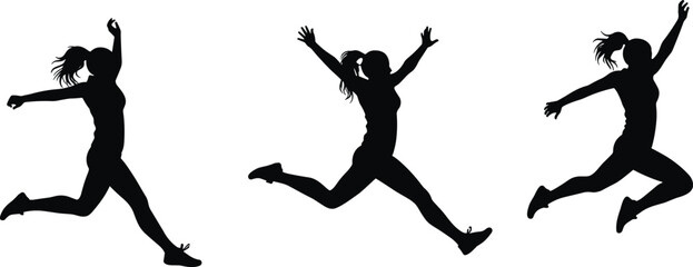 Jumping silhouette illustration, dynamic leap sequence, black figure art, expressive motion, athletic pose, physical activity concept, movement study, airborne gesture