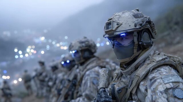 157High-detail image of soldiers standing in formation, tactical vests and helmets with night vision attachments gleaming faintly, misty environment evoking power and modern preparedn
