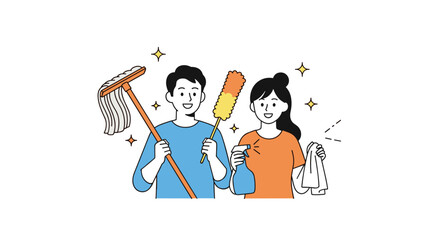 Fototapeta premium Happy couple cleaning house together with mop, duster, and cleaning spray.
