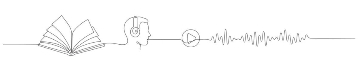 Continuous single-line drawing of an audiobook concept. An open book and a soundboard with a voice wave in a simple line style. Editable stroke. Vector illustration. Editable line