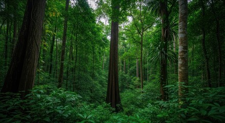 Obraz premium Lush, dense forest scene with tall trees and vibrant green foliage filling the frame
