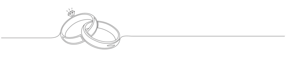 A single continuous line drawing of wedding rings. Concept of a romantic marriage proposal, engagement invitation in a simple line style. Editable stroke. Vector illustration.